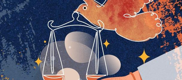 Illustration of an orange bird above a hand holding scales of justice; SDG 16.