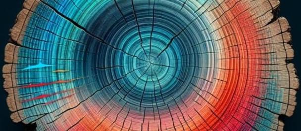 Colorized cross-section of a tree trunk, blue center fading to red outer rings.