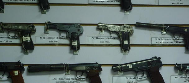 Photograph of rifles with wooden stocks displayed on a wall.