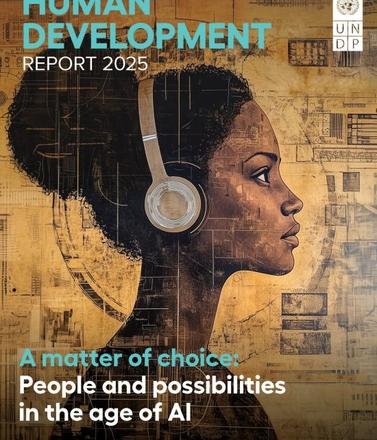 Profile of a woman with headphones against a textured, warm-toned background.