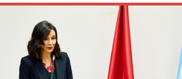 Woman speaker at a wooden podium with flags
