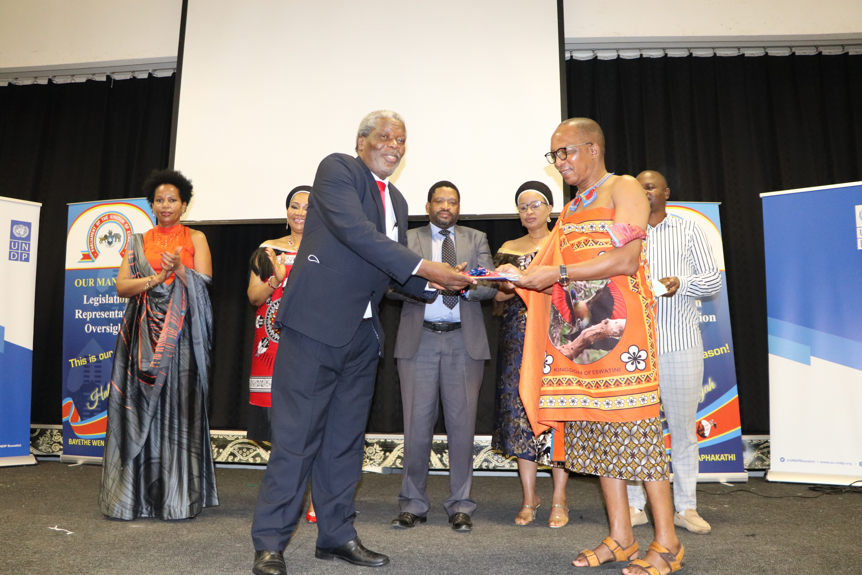 The Speaker at the House of Assembly, Honourable Petros Mavimbela receives the newly-launched Strategic Plan from the Right Honourable Prime Minister, His Excellency Cleopas Dlamini.