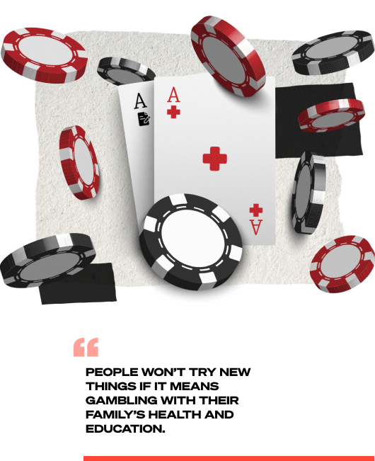 A collage of poker chips and playing cards. Text beneath reads: PEOPLE WON’T TRY NEW THINGS IF IT MEANS GAMBLING WITH THEIR FAMILY’S HEALTH AND  EDUCATION.