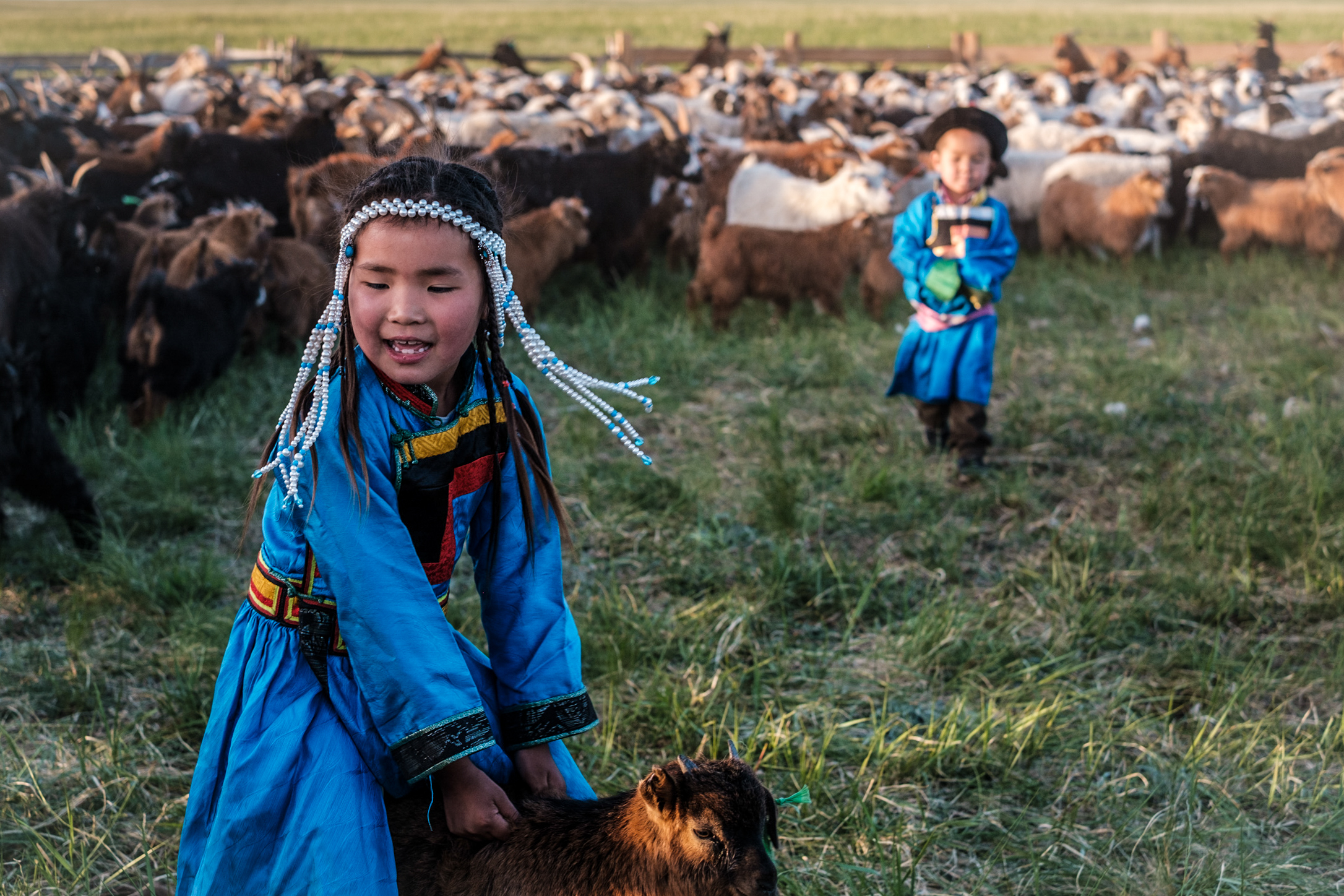 A photo of two laughing children wearing traditional Mongolian dress in a field with cashmere goats.