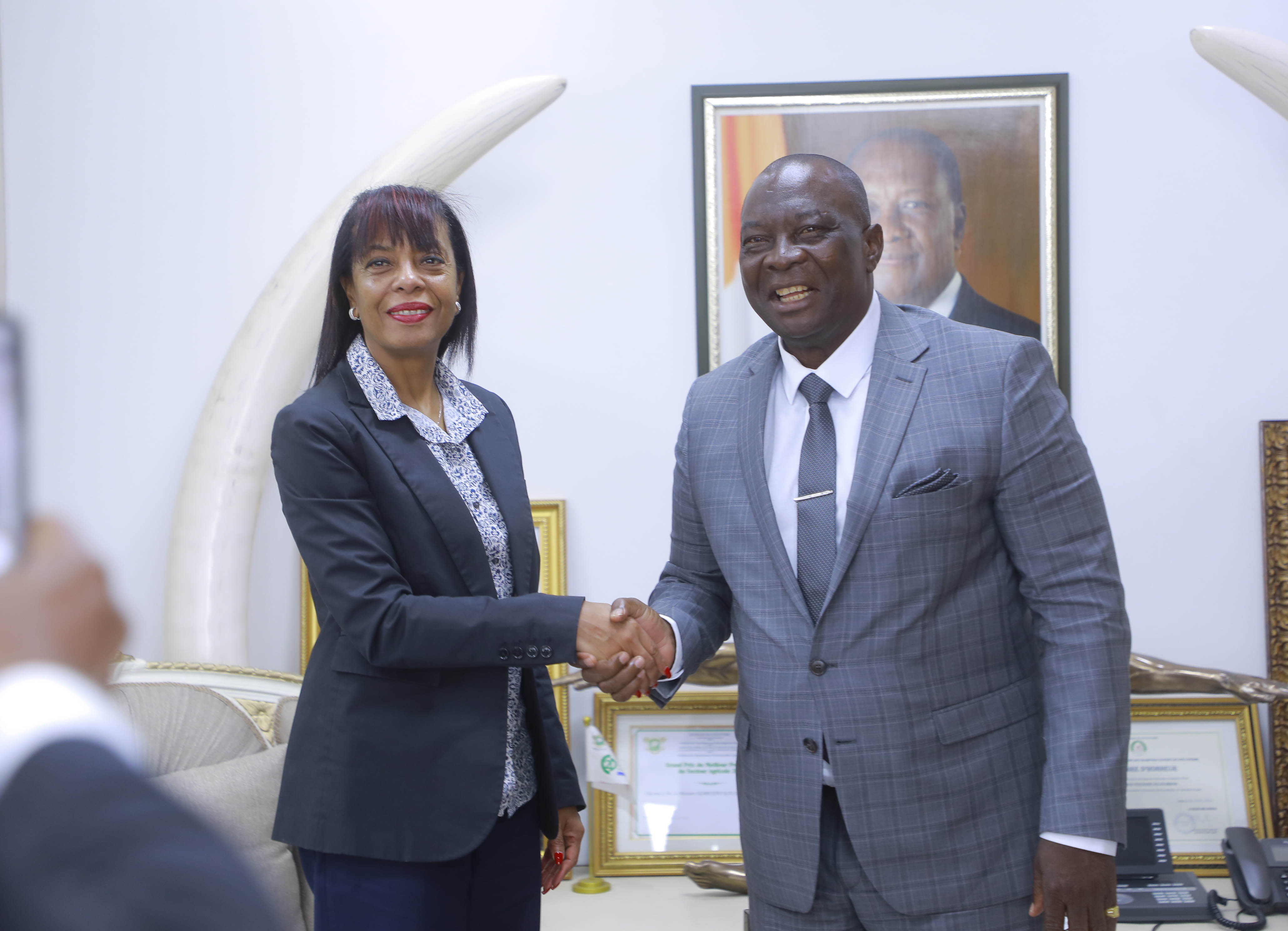 Monsieur le Ministre d'Etat de Côte d'Ivoire serrant la main à Madame la Représentante Résidente du PNUD