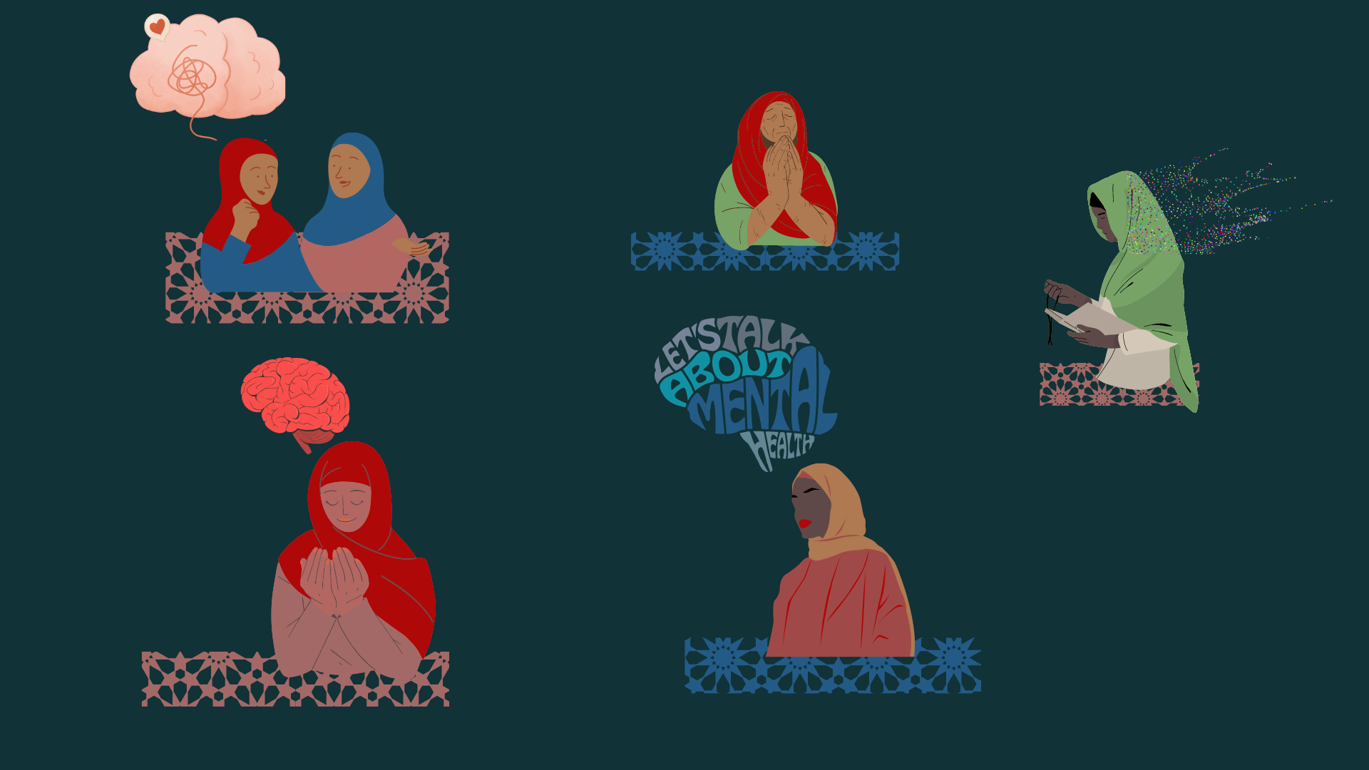 Graphic depicting Muslim women in spiritual and social contexts