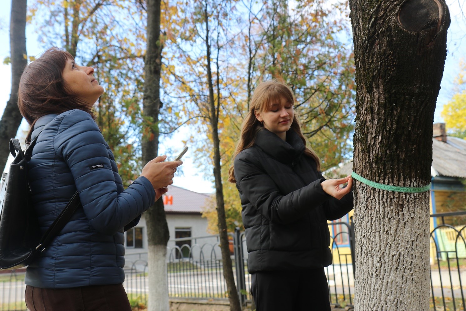 2 women measure trees