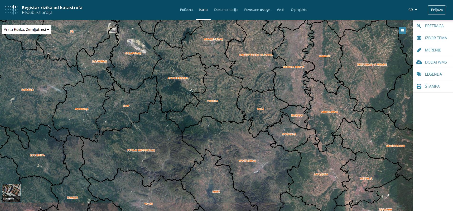 mapa koja prikazuje rizike od katasrofa u Srbiji