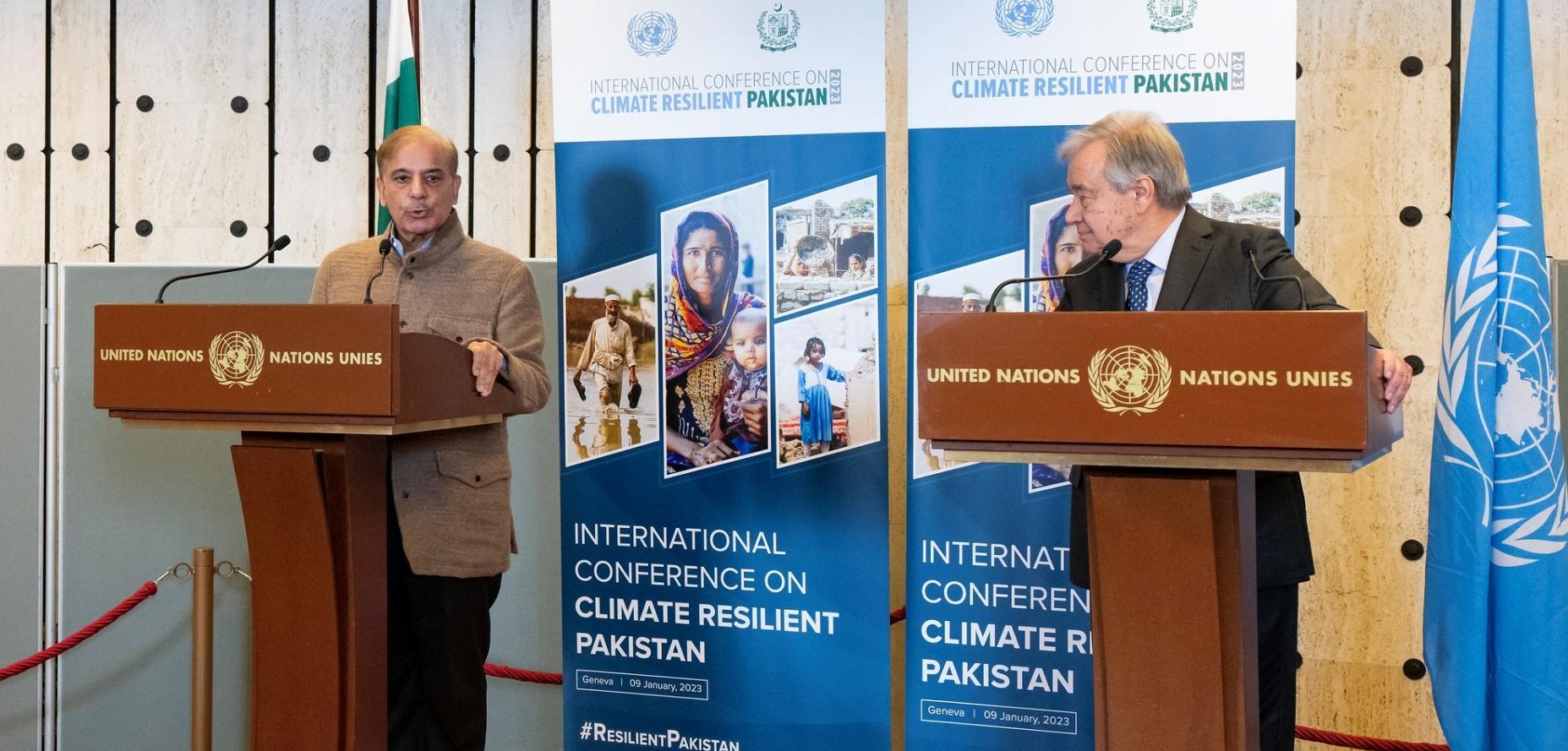 UN Secretary-General António Guterres and Pakistan Prime Minister Shehbaz Sharif address media