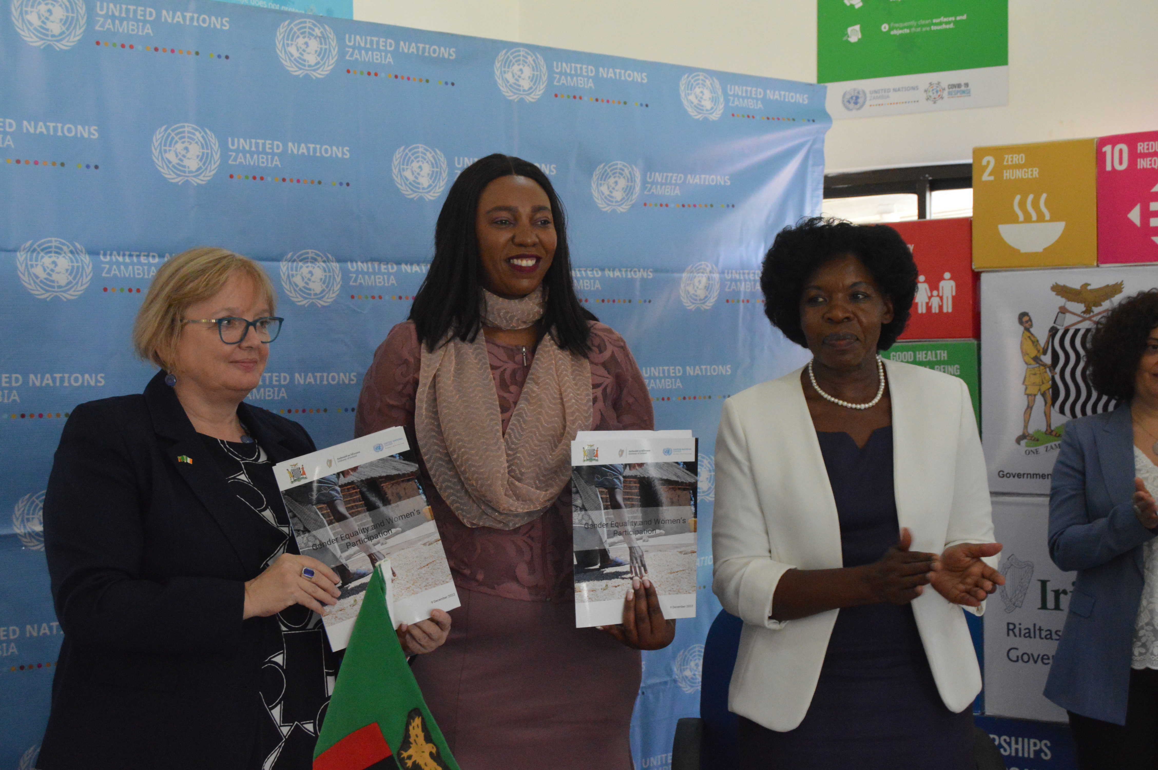 Image of the Irish Ambassador to Zambia, Brough Carr (L), the Permanent Secretary for the Gender Division, Mainga Kabika (M), and the UN Zambia Resident Coordinator, Beatrice Mutali (R) at the Official Signing of the Joint Programme on Gender Equality and Women’s Participation Initiative in Lusaka, Lusaka Province