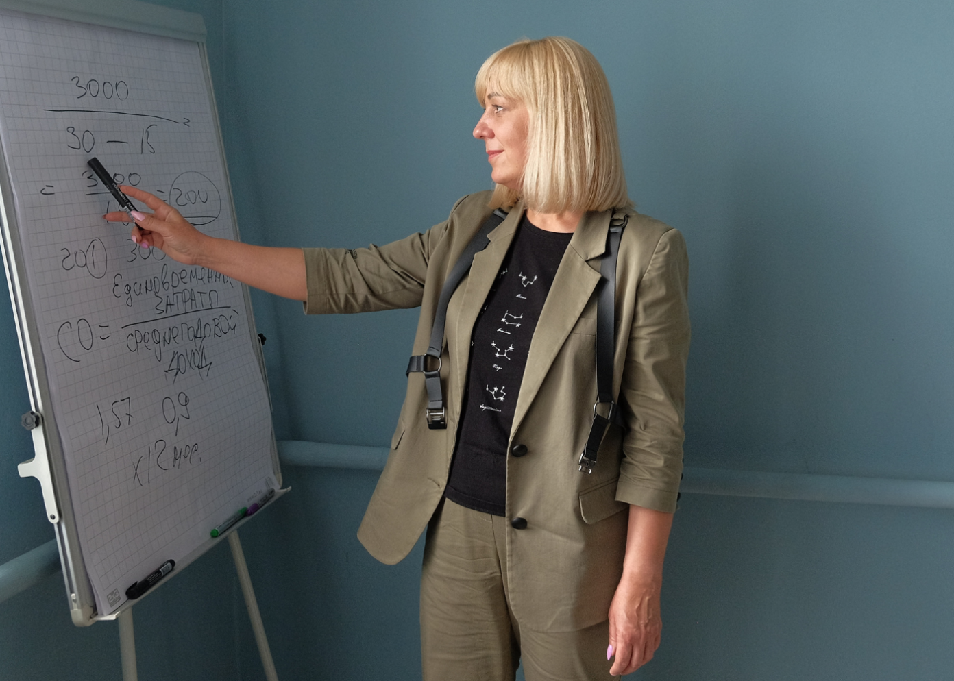A woman pointing at a white board