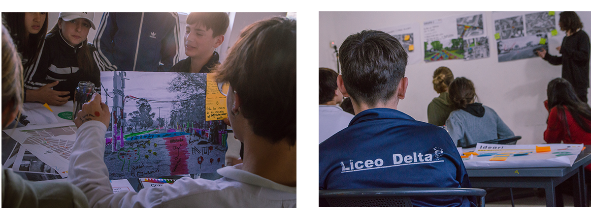 Dos fotos con estudiantes del Liceo Delta del Tigre: una mirando mapa de trabajo para soluciones de movilidad (la primera); jóvenes atendiendo a docente. 