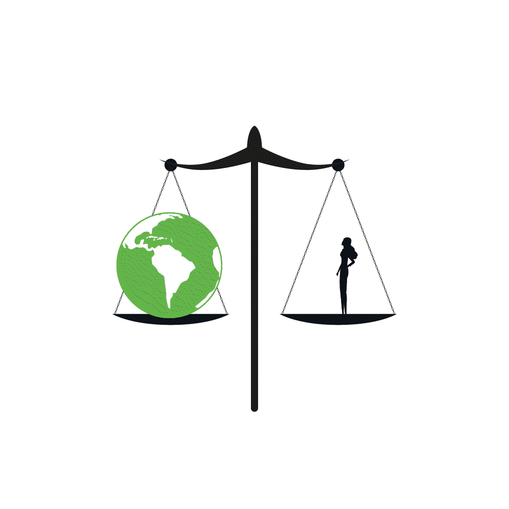 animated illustration showing a scale that balances the planet with a silhouette of a person