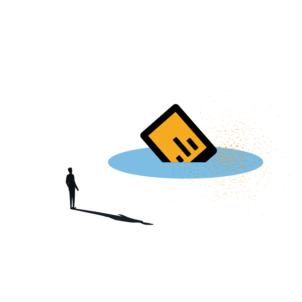 animated abstract illustration of a person looking at a tablet that is sinking in water