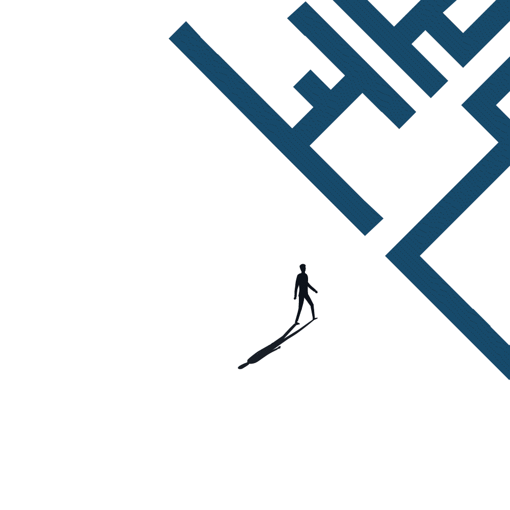 animated illustration from birds eye perspective showing a person going into a labyrinth