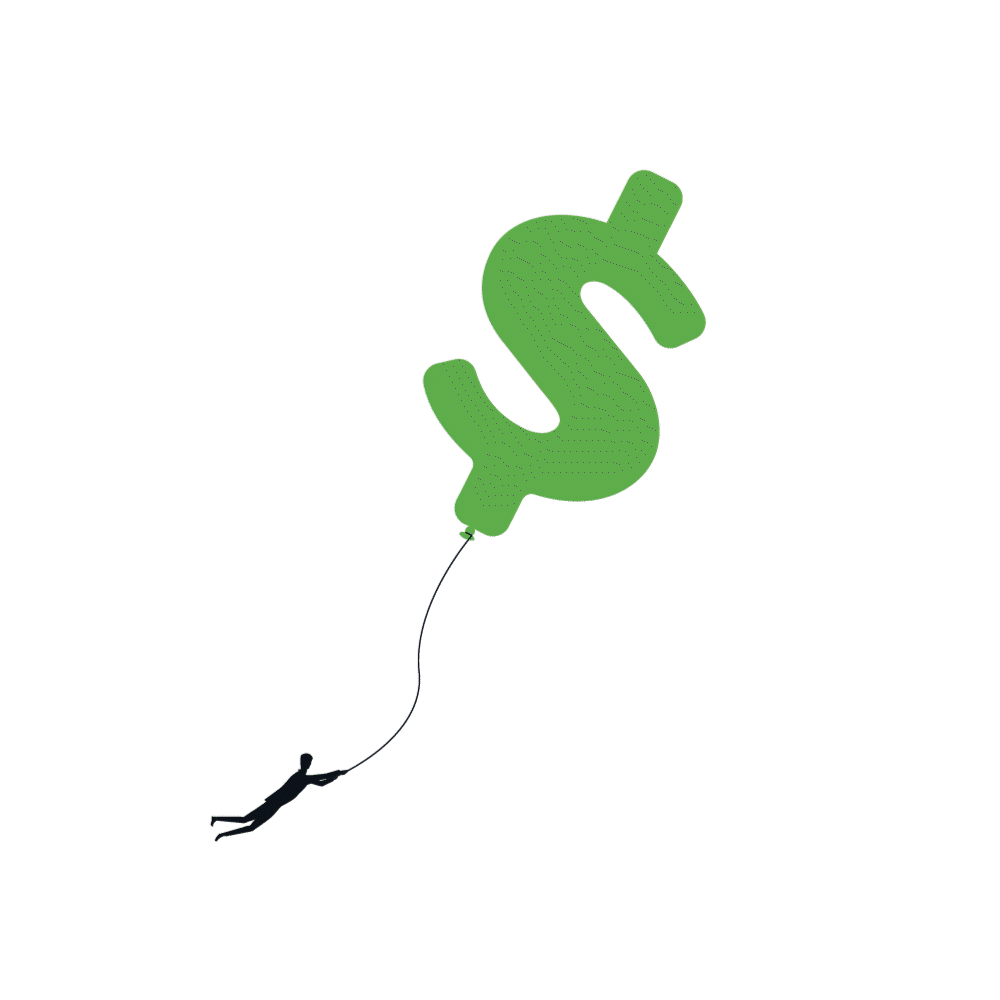animated abstract illustration of a person floating on a balloon in the shape of a dollar sign