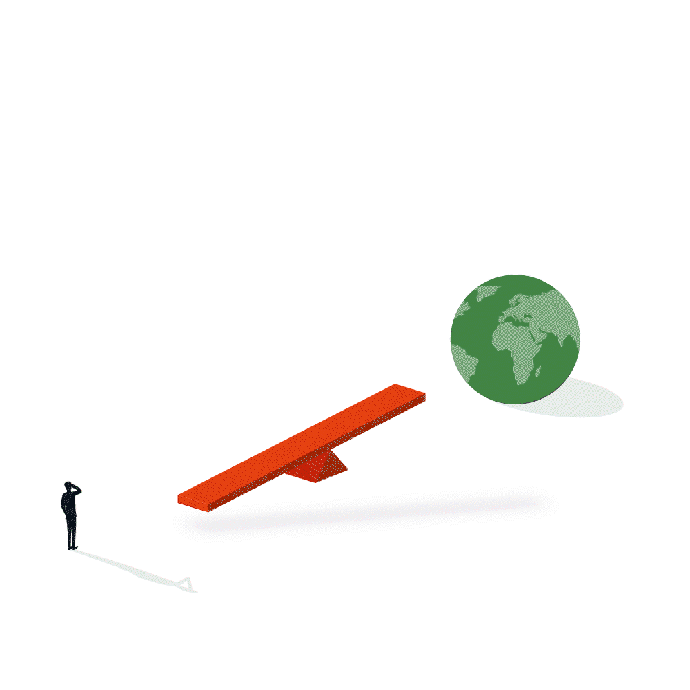 animated illustration of a moving seesaw with a shilhouettte of a person on one side and the earth on the other