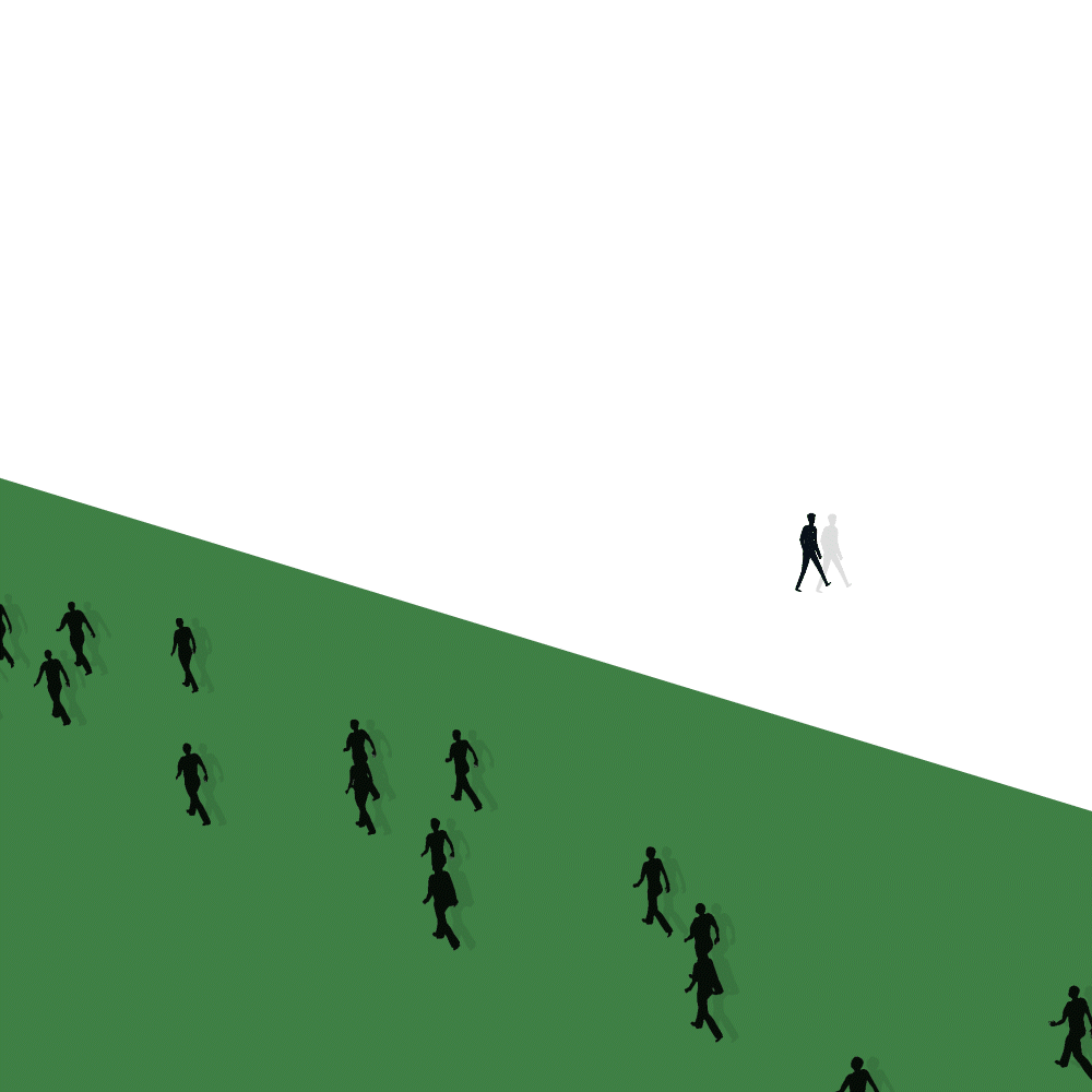 animated illustration of a single person who is close to a crowd walking into the other direction