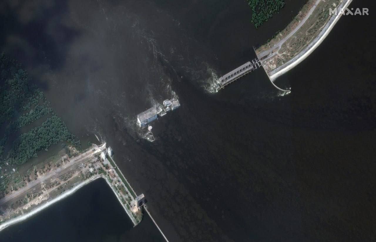 A satellite picture of a Kakhovka dam after destruction
