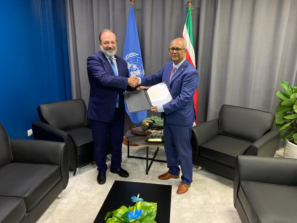 Res.Rep. for  UNDP Guyana and Suriname Mr. Gerardo Noto (left), presented his Letters of Credence to H.E. Albert Ramdhin ( right), Minister of Foreign Affairs, Intl. Business & Intl. Cooperation