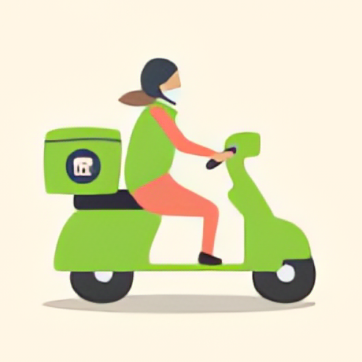 A picture of a cartoon female delivery worker riding a green moped
