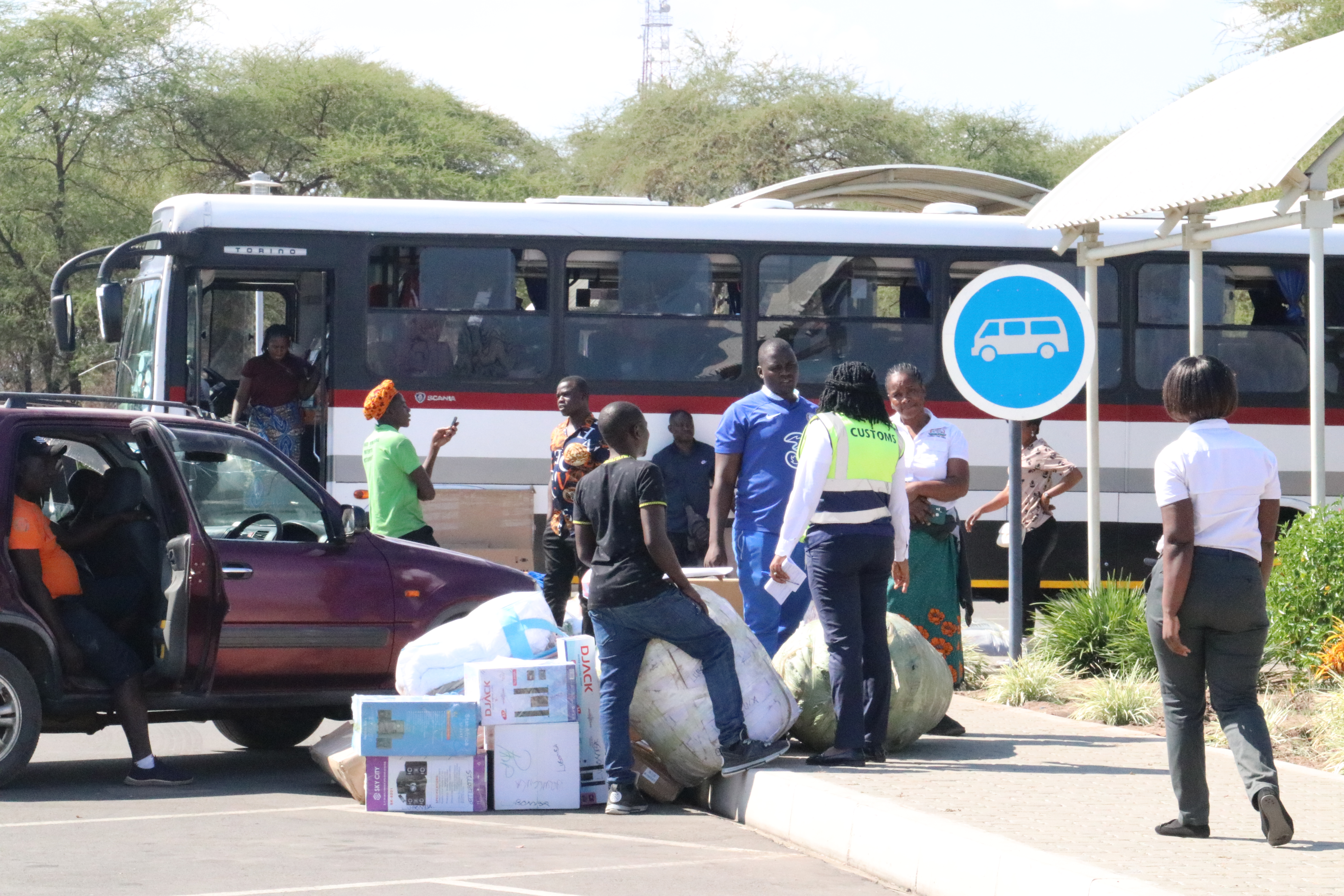 Traders offloading their goods for inspection at the Kazungula One Stop Border Post