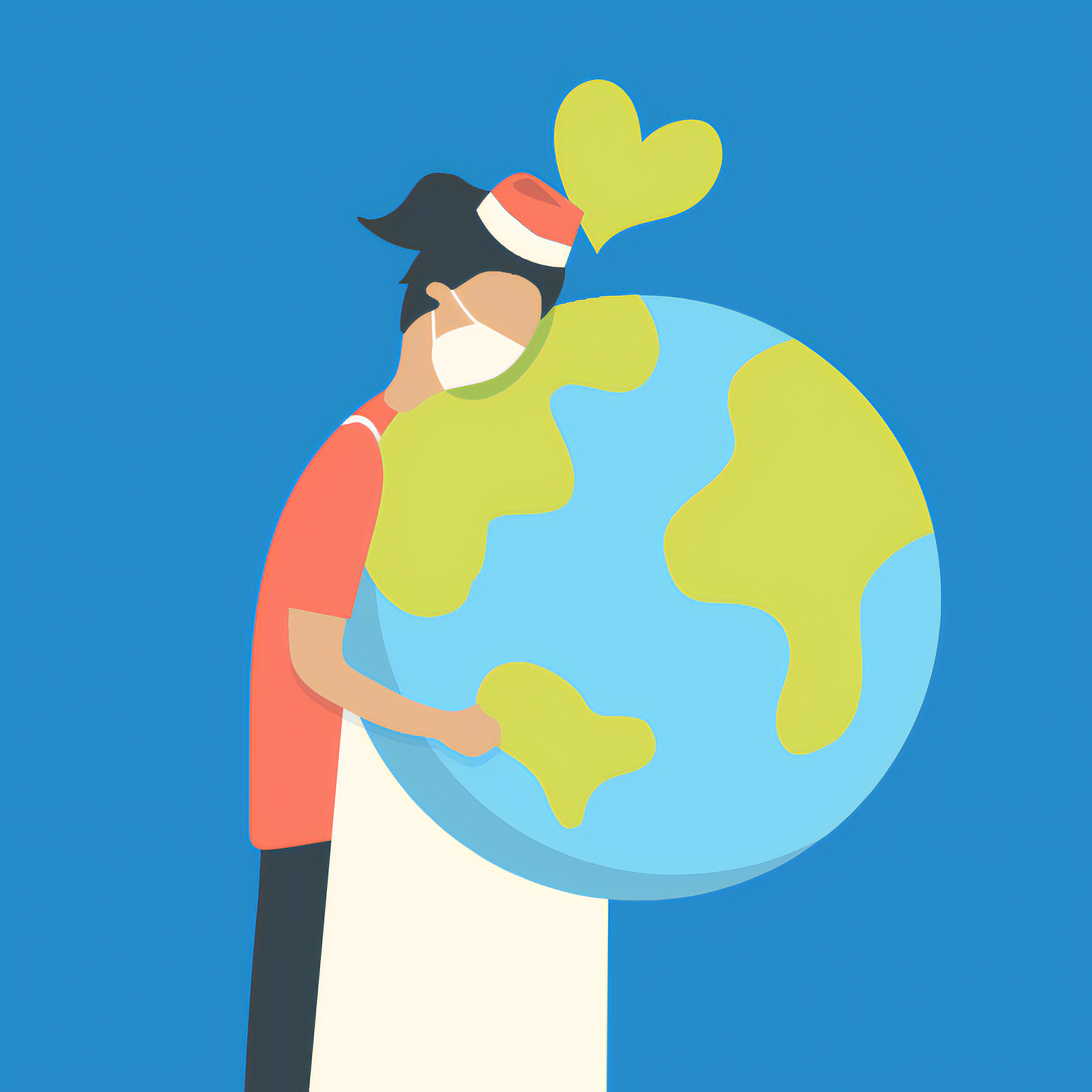 A picture of a cartoon worker hugging the Earth
