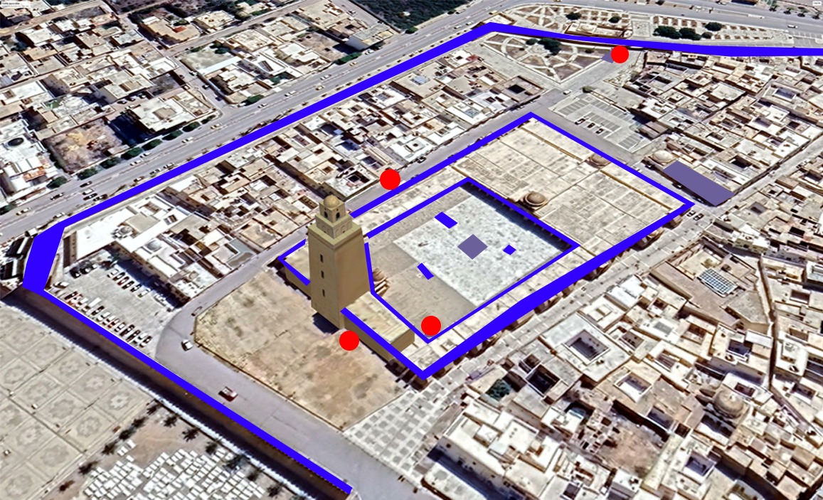 In Blue: rainwater accumulation surface (ramparts+ Mosque) red circles: Condemned Wells