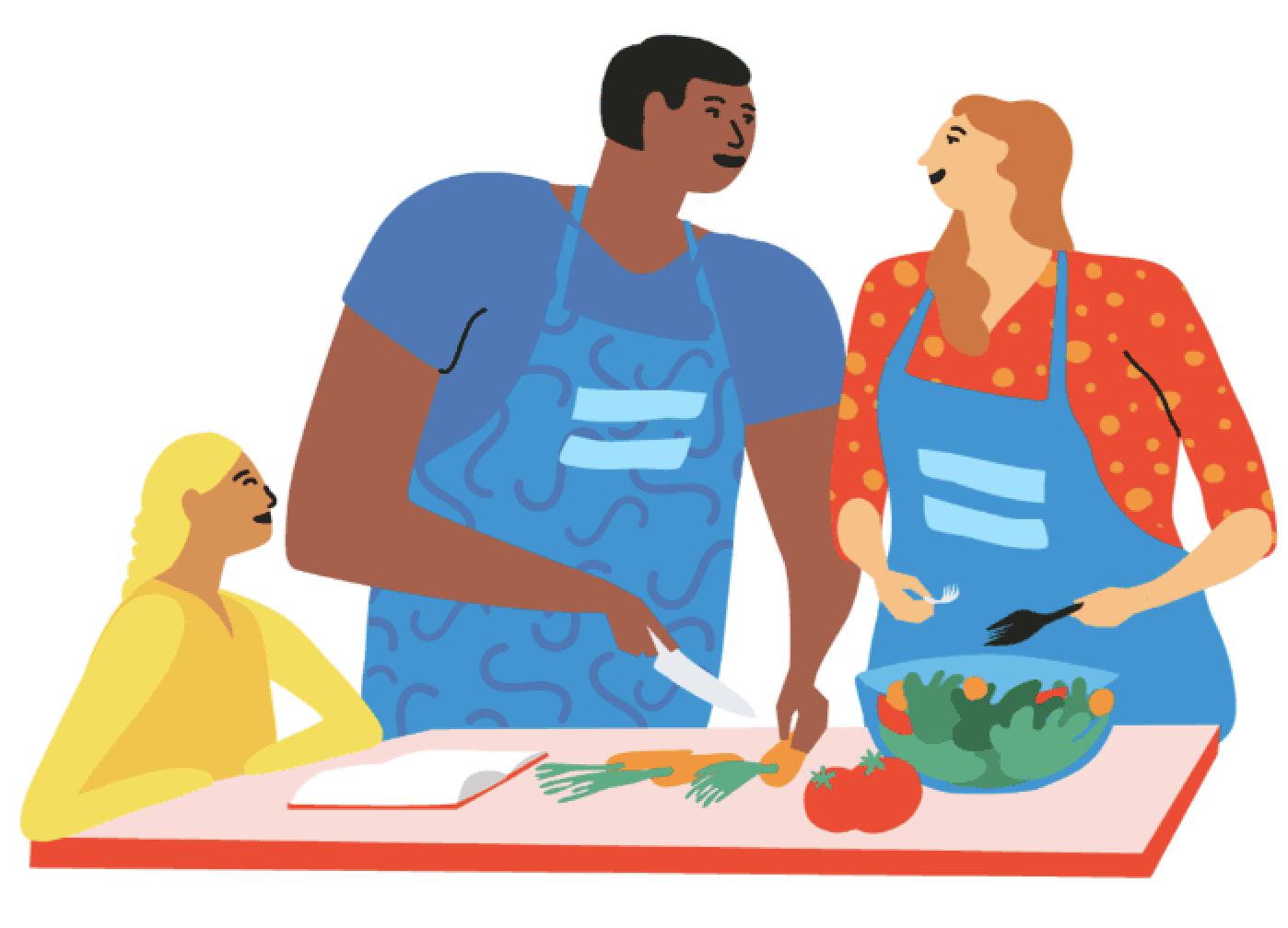 Mujer y hombre compartiendo los cuidados y tareas de la casa, en la imagen cocinan juntos, acompañados de una niña