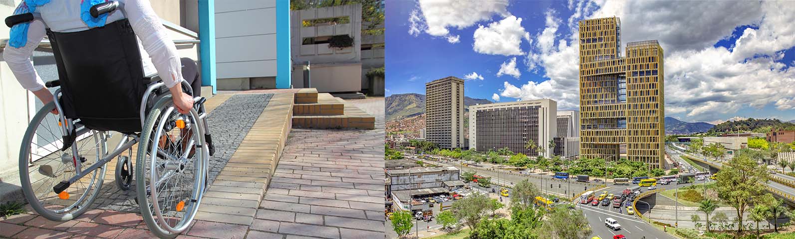 Photo of a city skyline next to photo of a man in a wheelchair using a ramp to enter a building