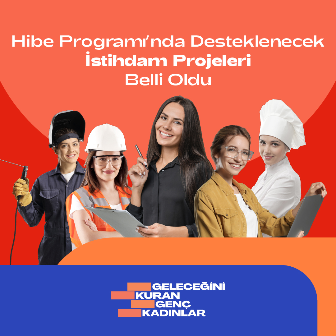 A female welder, construction worker, business person, academic and chef standing proud in front of an orange background