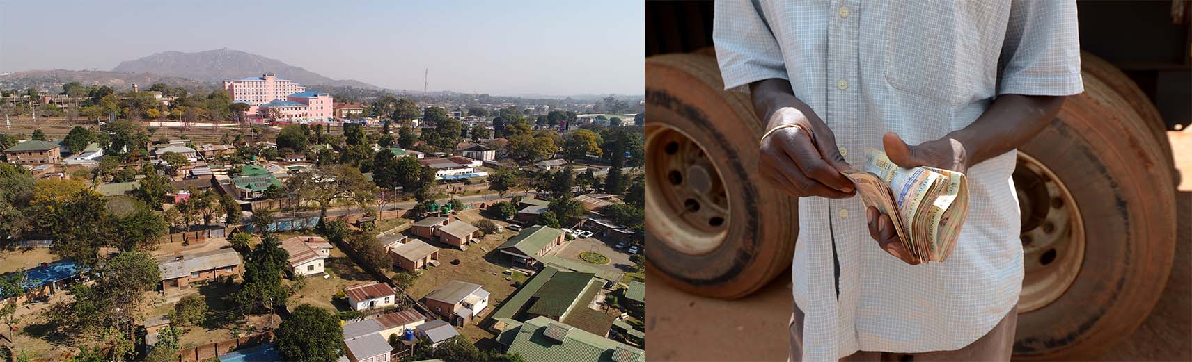 Aerial view of a city next to a photo of a man's hands counting money
