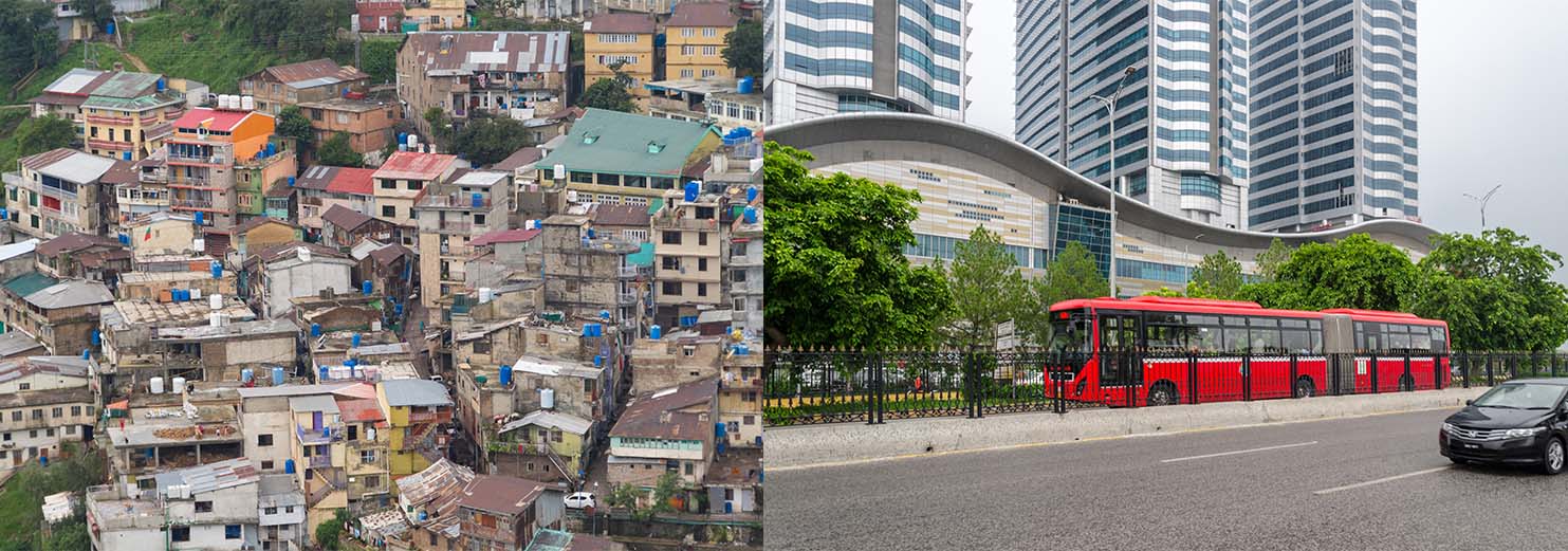 Image of densely built neighbourhood next to an image of a bus