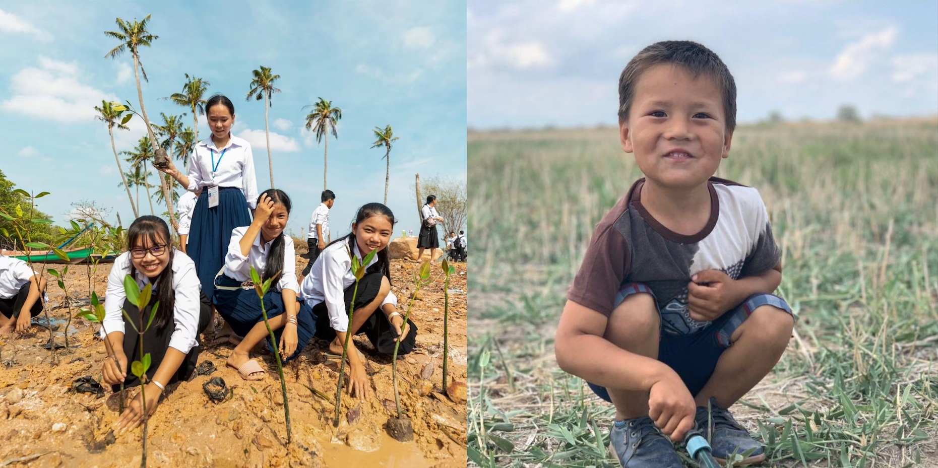 Two photos of young people planting vegetation