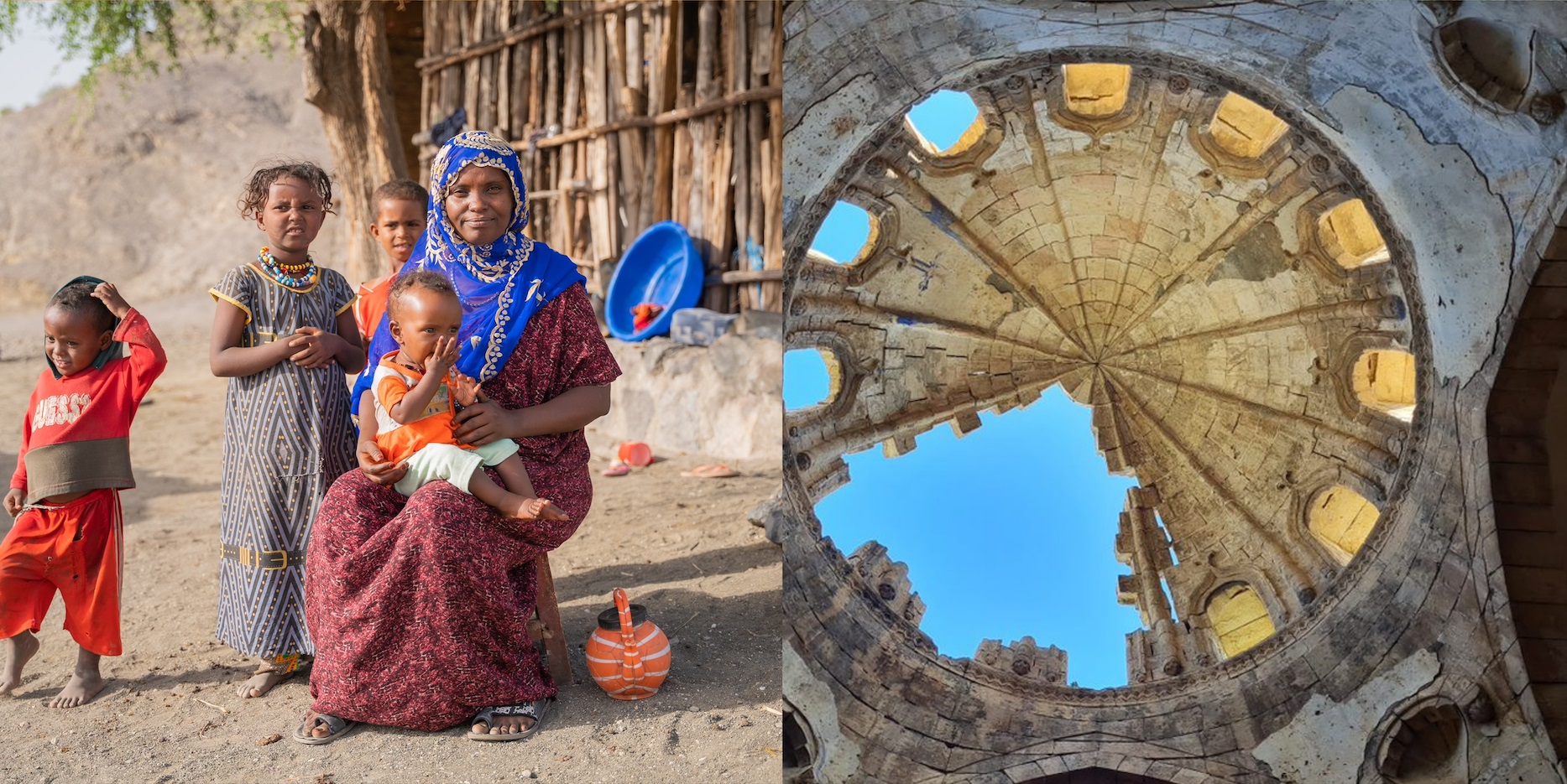 Photo of a family in Ethiopia next to an image of a roof dome in a building
