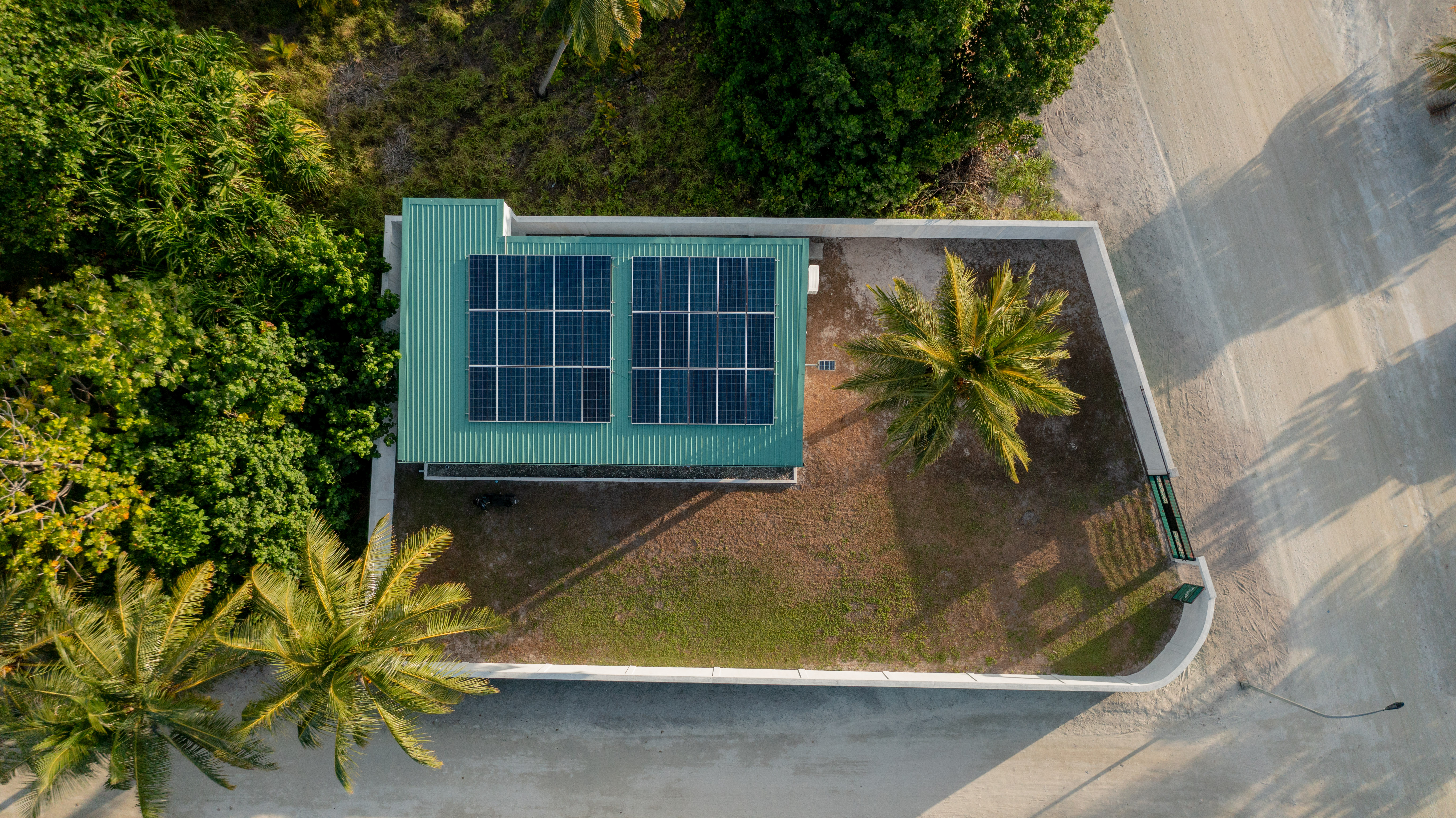 aerial view of cold storage solar panels at the distribution centre in laamu gan