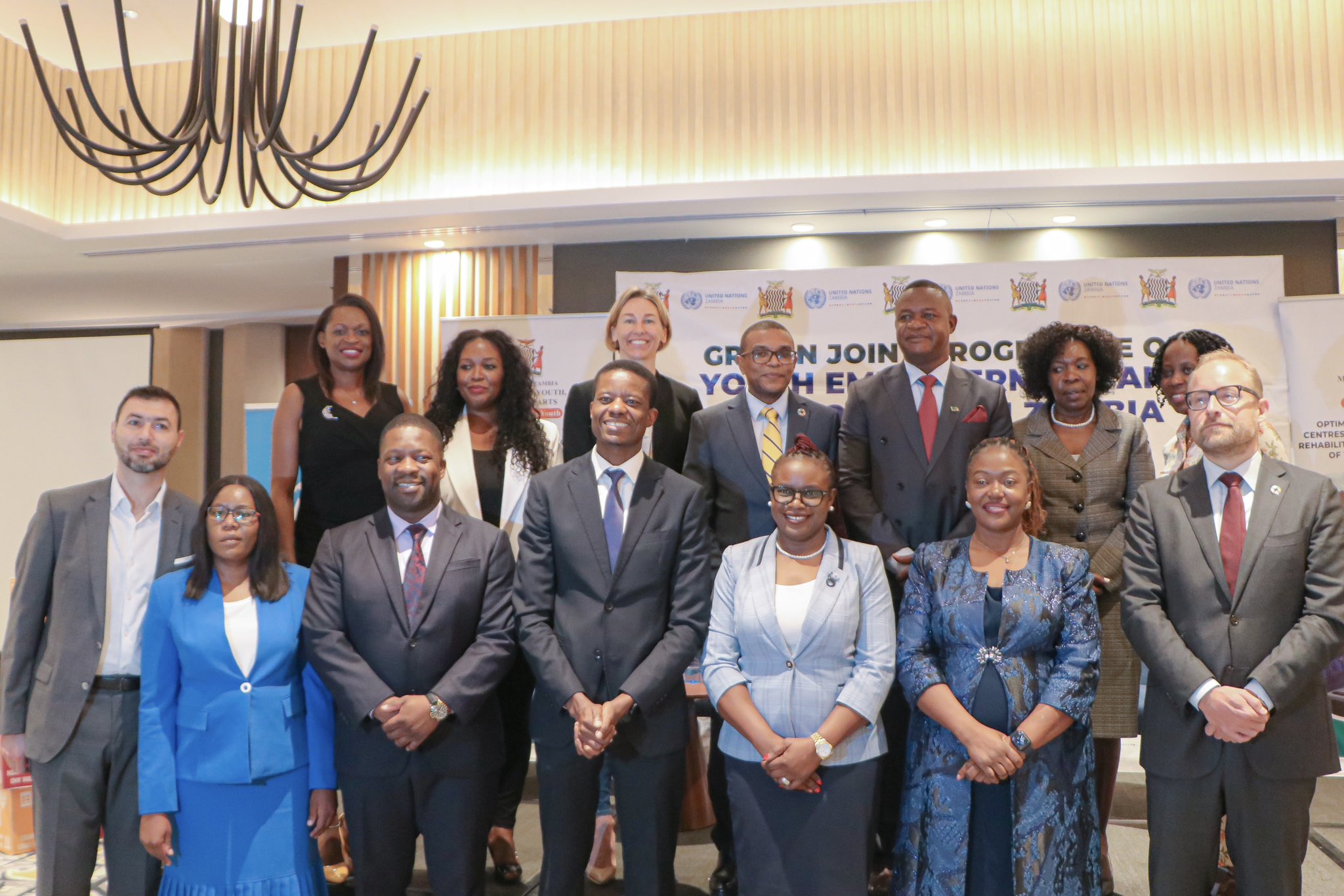 Image of the Minister of Youth, Sports and Arts, the Permanent Secretary of Youth, Sports and Arts, and partners from the private sector and various UN agencies