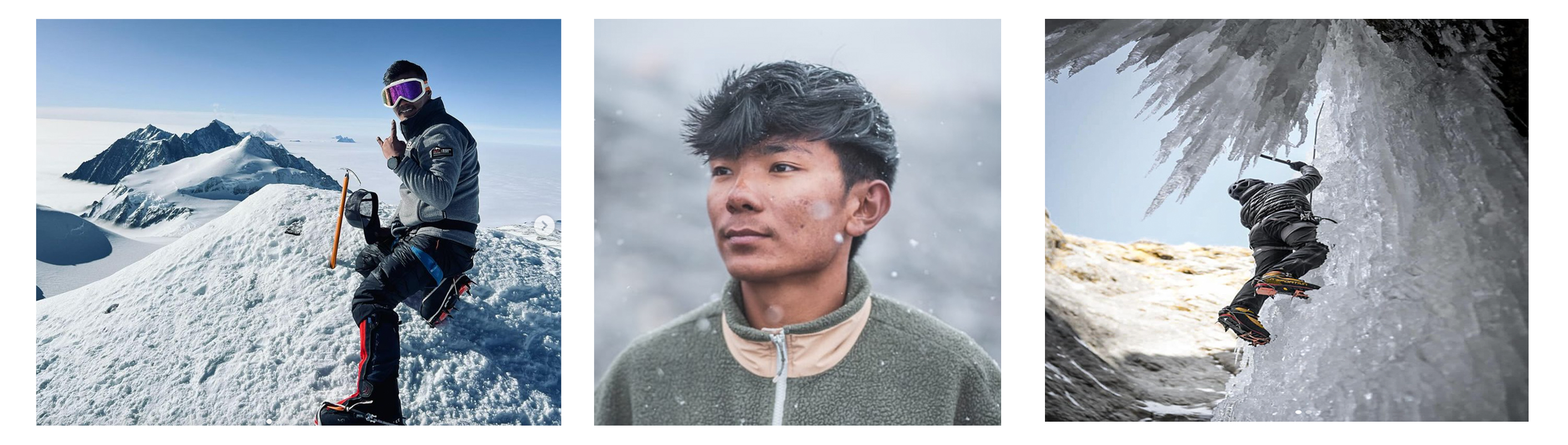 Set of 3 photos of a man climbing the mountain in the left right and the profile picture of the climber in the center. 