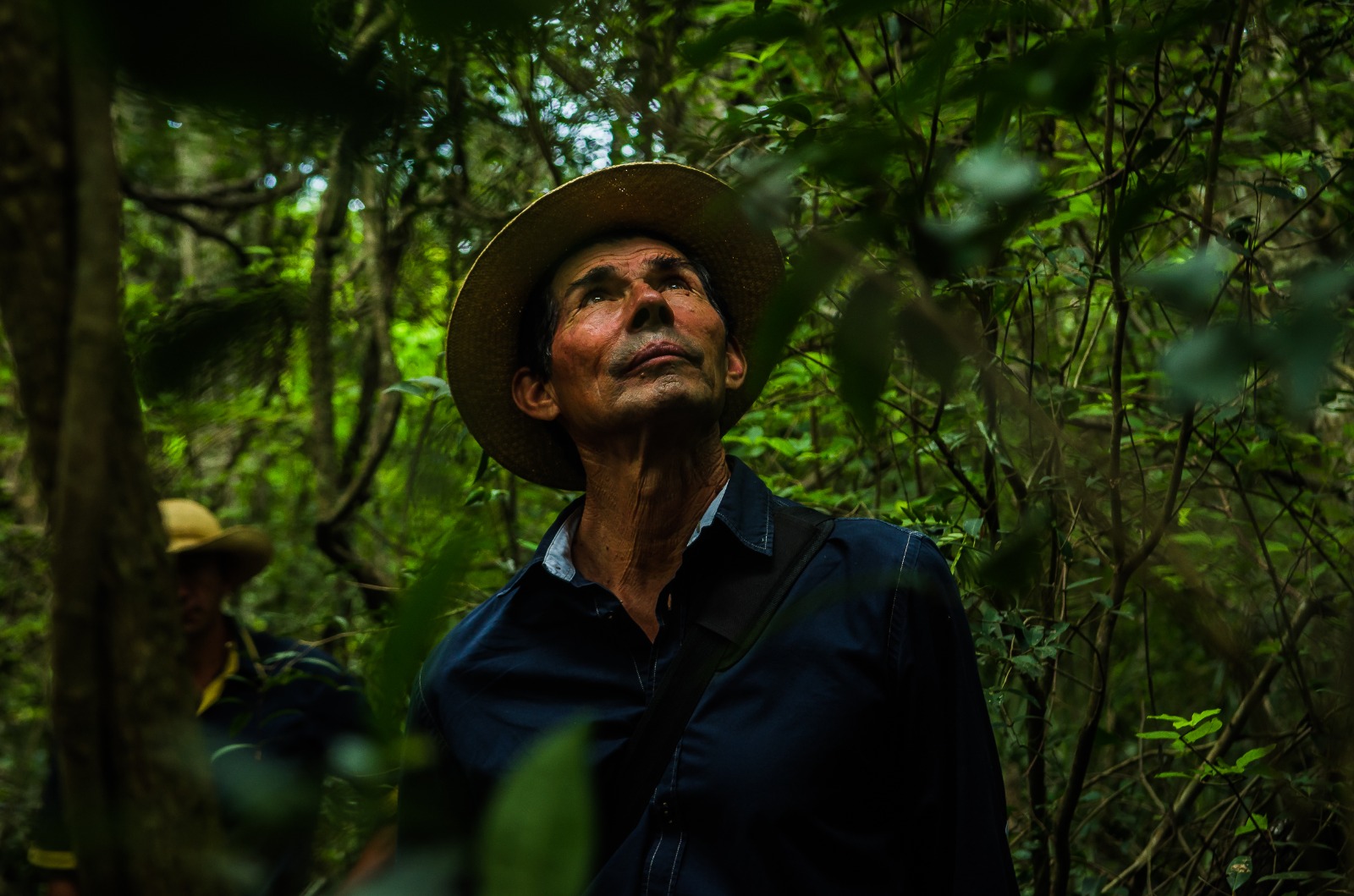 a man standing in front of a forest