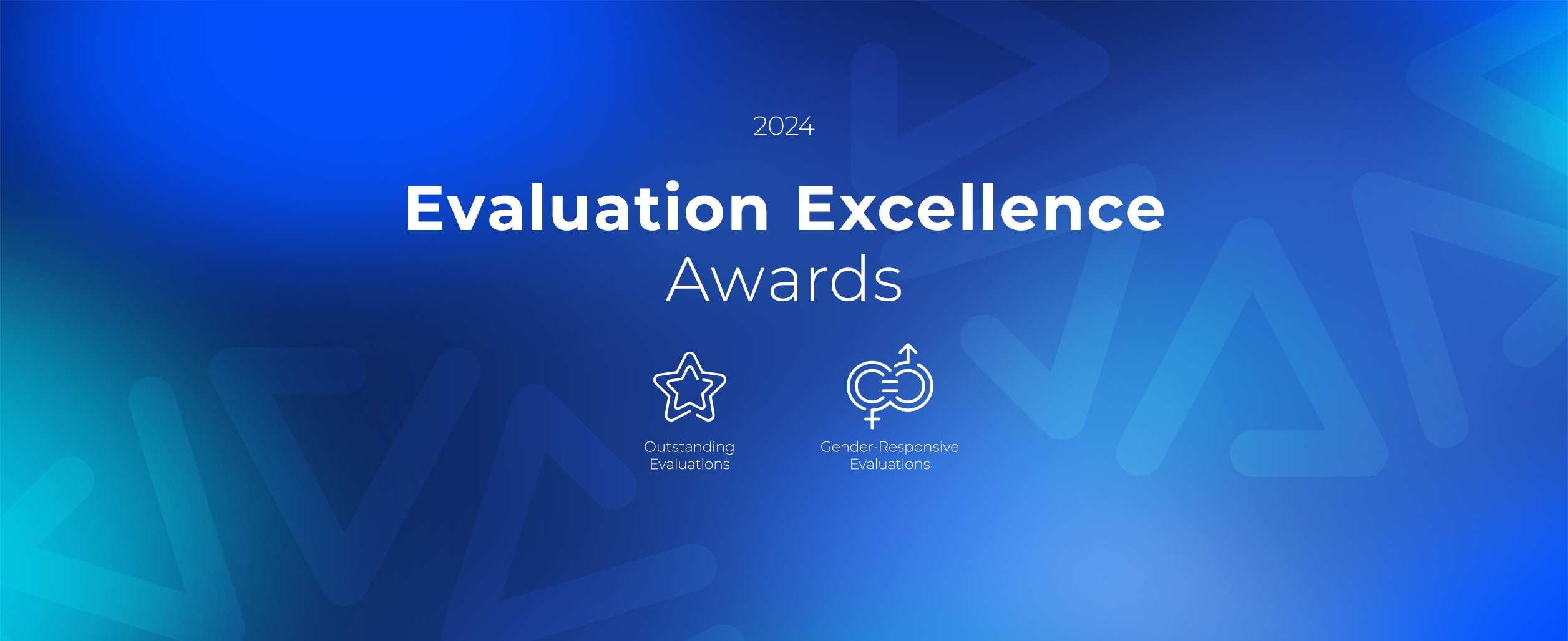 Blue gradient background featuring "Evaluation Excellence Awards" with decorative icons below.