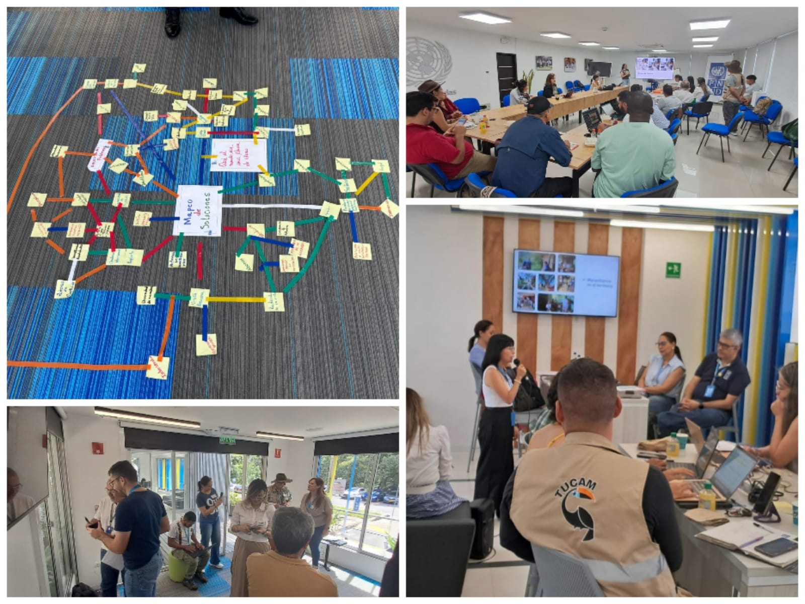 Collage of a workshop with groups discussing, a colorful map on the floor, and screens showing presentations.