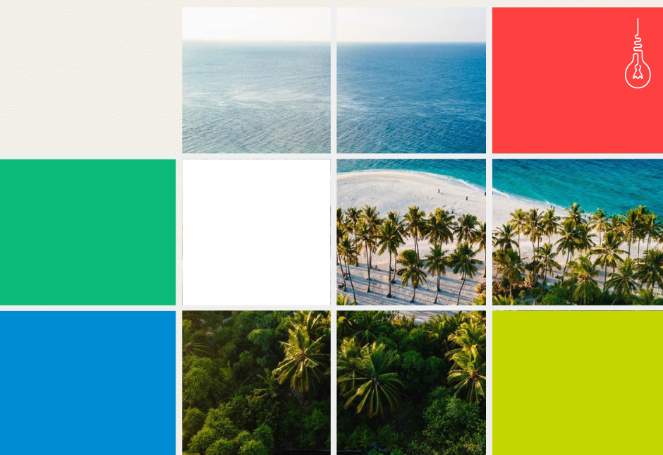 A collage featuring ocean views, sandy beaches, and lush greenery in vibrant squares.