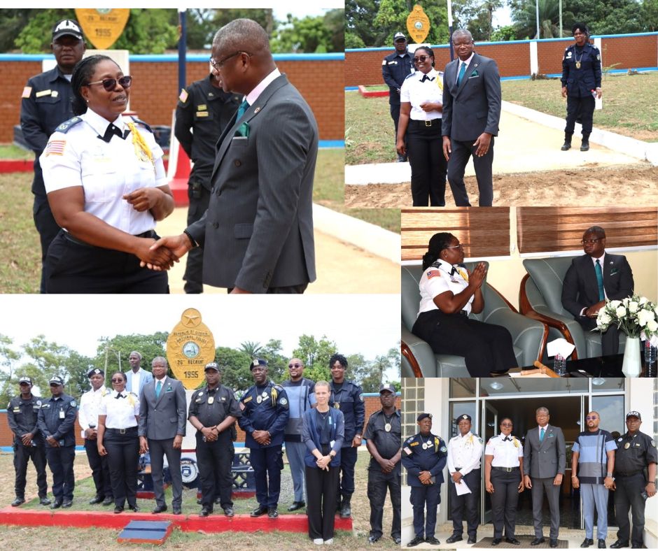 A collage of officials interacting, standing in formation, and attending a formal event outdoors.
