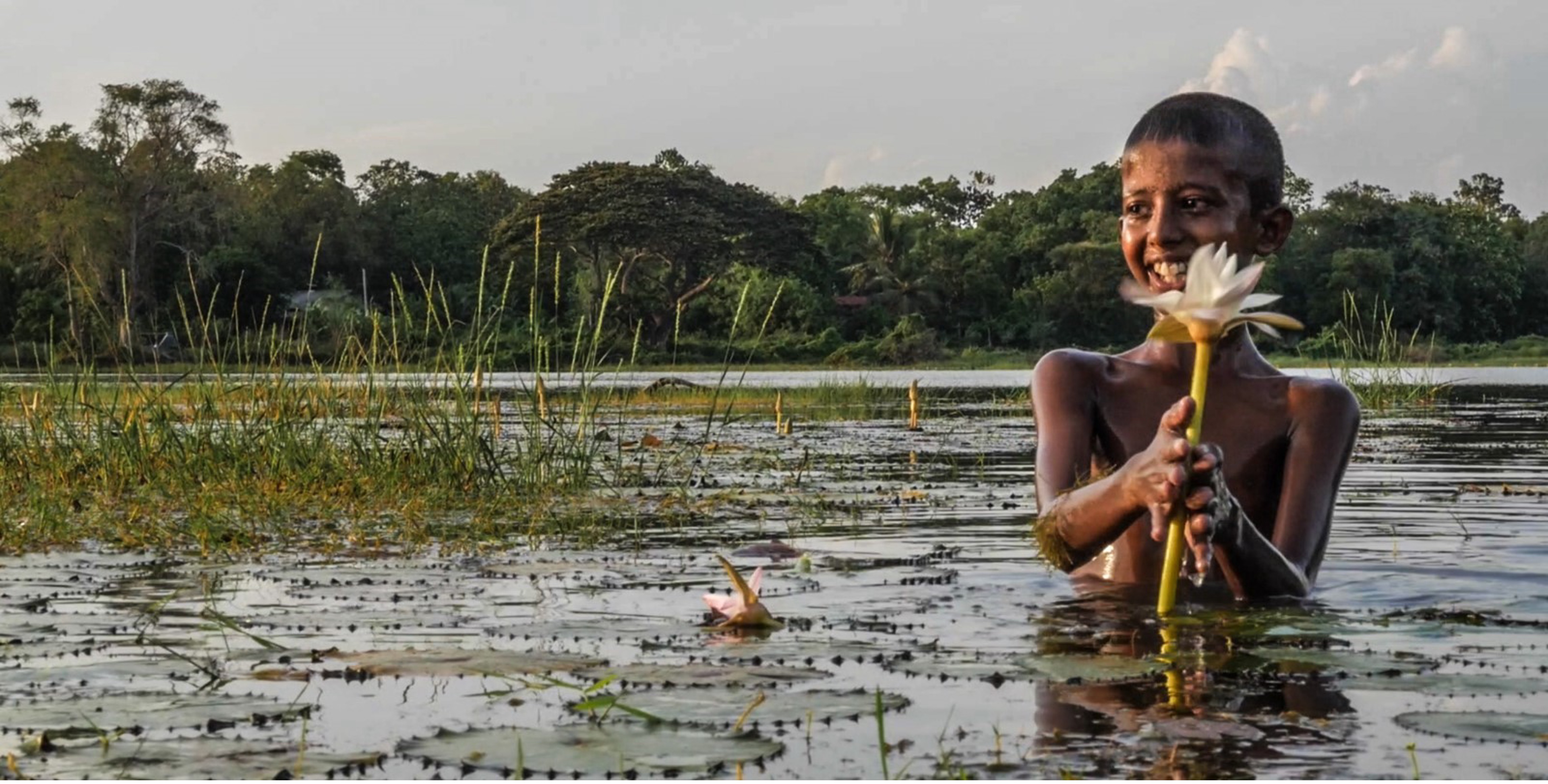 A child stands in a water-filled landscape, joyfully holding a flower, surrounded by greenery.