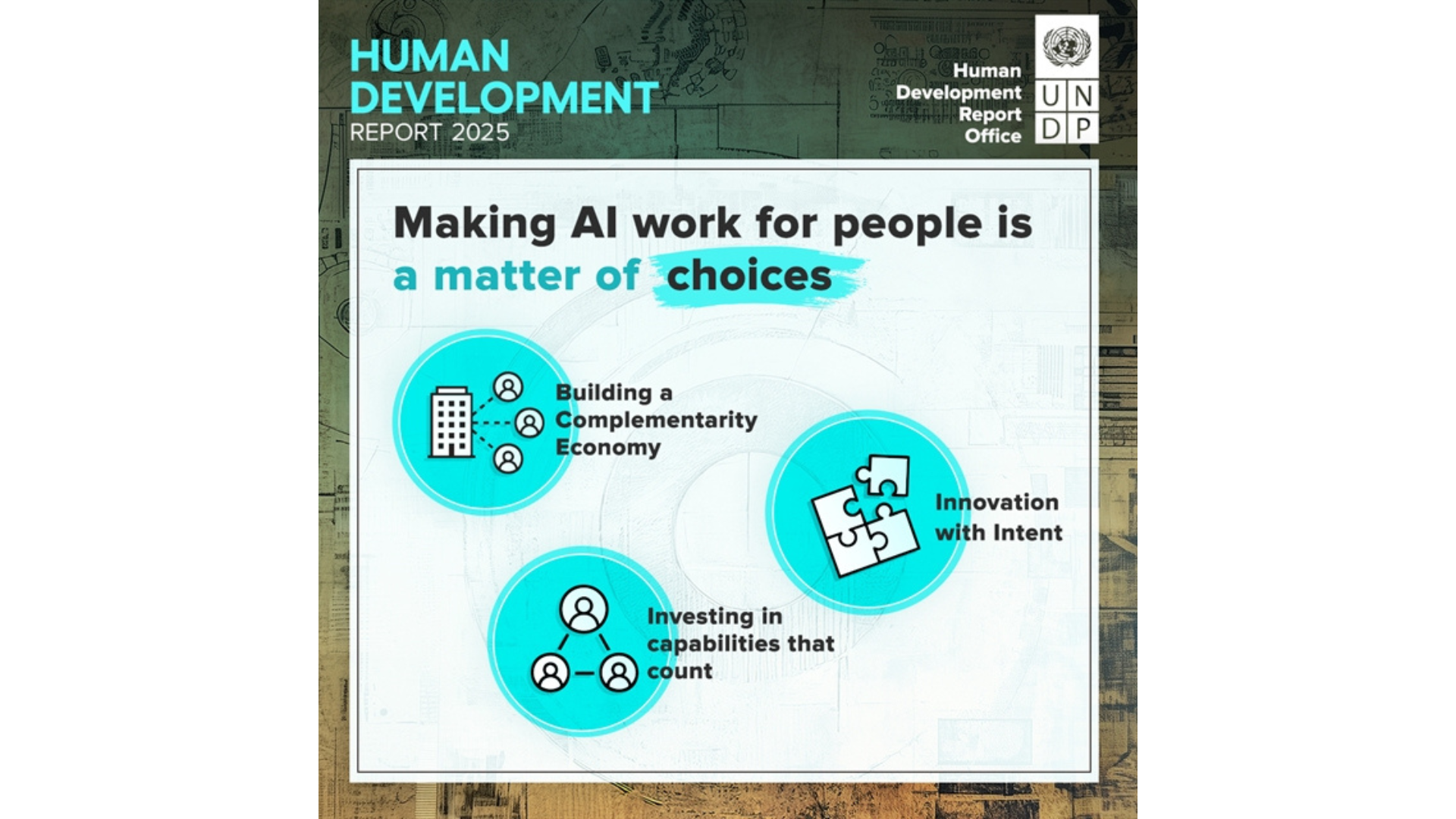 Graphic highlighting human development in AI with icons and key phrases on the topic.