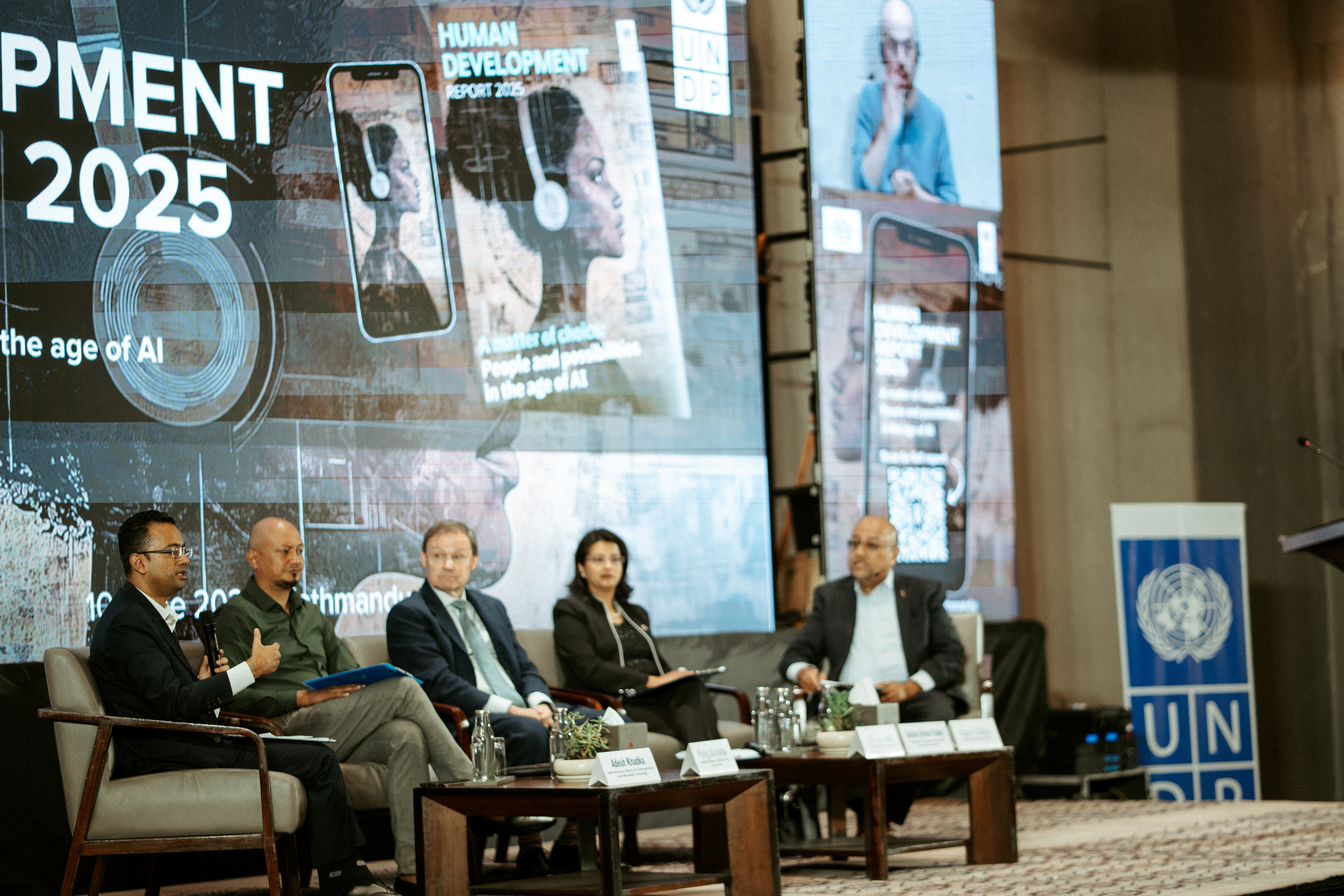 Panel discussion on sustainable development with five speakers and a UNDP banner in the background.