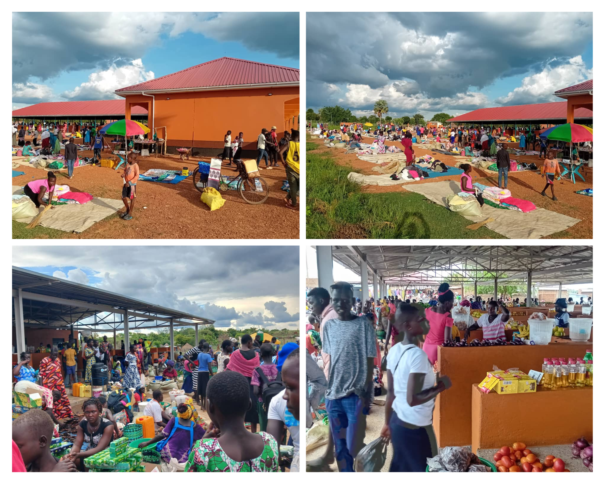 Vibrant market scenes with people socializing, colorful stalls, and clear skies.