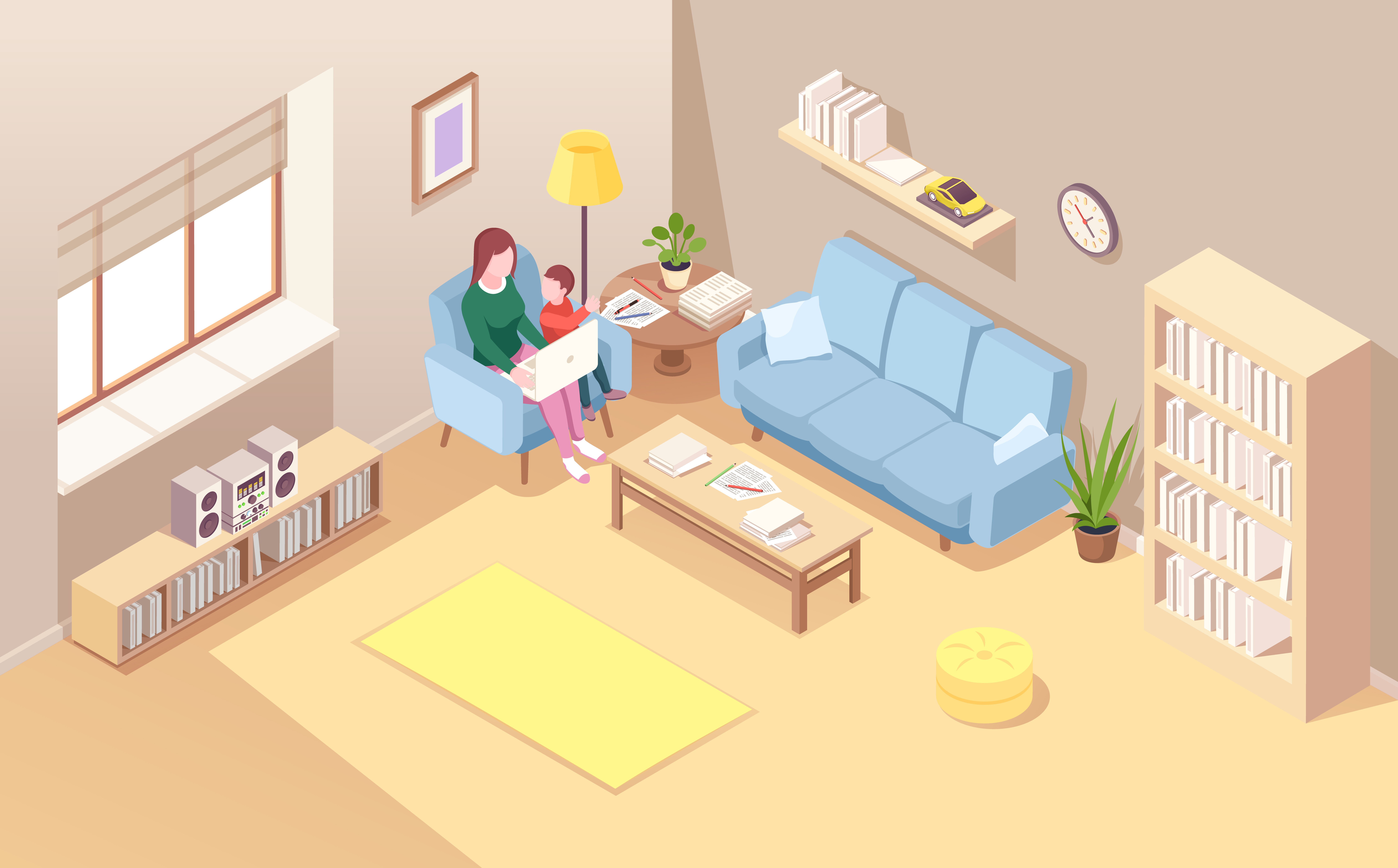 A mother and child sit together in a cozy living room, reading on a laptop, surrounded by books.