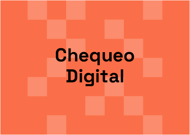 Logo with "Chequeo Digital" text on a vibrant orange background with abstract squares.