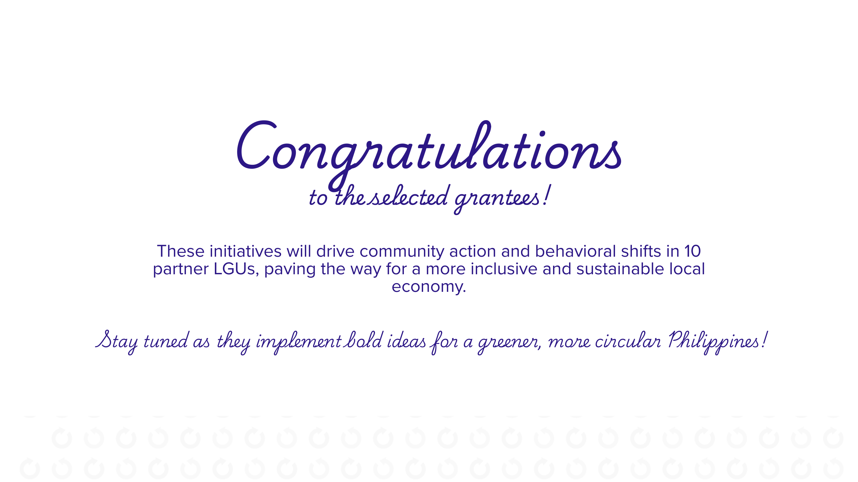 Congratulations message celebrating selected grant recipients with a white background and purple text.